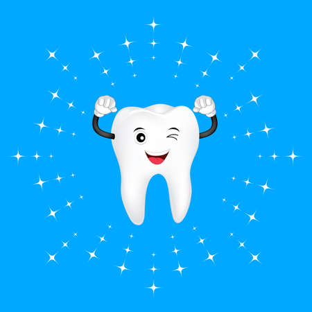 Whitening tooth, cute cartoon character design. Deep cleaning, dental care concept. Illustration isolated on blue background.のイラスト素材