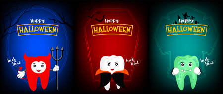 Cute scary tooth character design of devil, dracula and zombie. Happy  Halloween concept ....