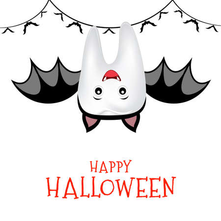 Cute cartoon tooth character in bat suit. Trick or Treat, Happy Halloween concept. Illustration isolated on white background.のイラスト素材