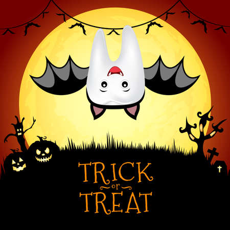 Cute cartoon tooth character in bat suit. Trick or Treat, Happy Halloween day. Illustration on moon night.のイラスト素材