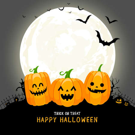 Cute cartoon pumpkin character in the moonlight. Trick or Treat concept, Happy Halloween day. Funny illustration.のイラスト素材