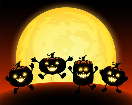 Cute cartoon pumpkin character in the moonlight. Trick or Treat concept, Happy Halloween day. Funny illustration.のイラスト素材