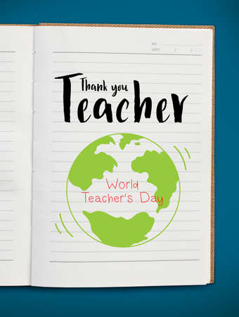 Book with thank you teacher text. Globe handdrawn style. happy world teacher's day concept.の写真素材