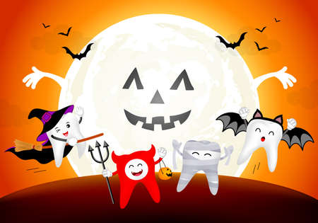 Funny cute cartoon teeth halloween character design.のイラスト素材