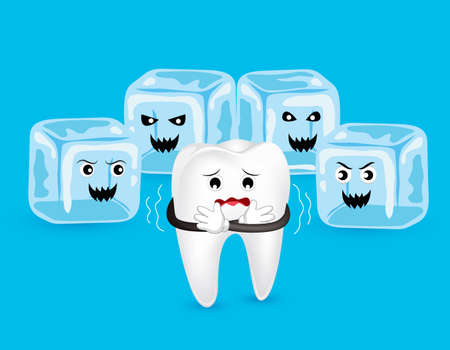 Cartoon tooth character with horror ice. Cold sensitive teeth. Dental care concept, illustration isolated on blue background.のイラスト素材