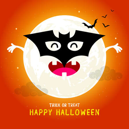 Cute cartoon moon character with mask of bat. in moon night on Halloween. Funny illustration for banner, poster, greeting card and invitation. Happy Halloween day concept.のイラスト素材