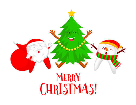 Christmas Tooth Characters design. Santa Claus, Snowman and Xmas tree. Merry Christmas and Happy new year concept. Illustration isolated on white background.のイラスト素材