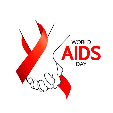 World AIDS Day. Holding hands with Red ribbon. Aids Awareness icon design for poster, banner, t-shirt. Vector illustration isolated on white background.のイラスト素材