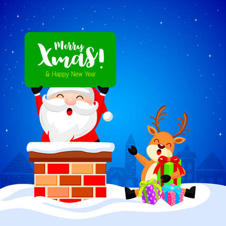 Santa Claus holding a Christmas sign in the chimney on snow roof with cute reindeer with boxes of gifts.のイラスト素材
