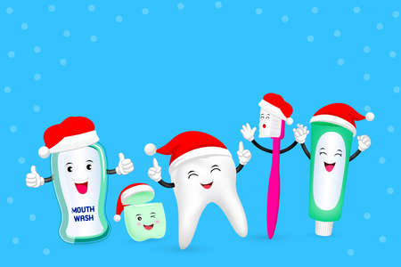 Cute cartoon tooth character with friends. Mouth wash, dental floss, toothpaste and toothbrush.  Merry Christmas and Happy New Year. Illustration isolated on blue background.のイラスト素材