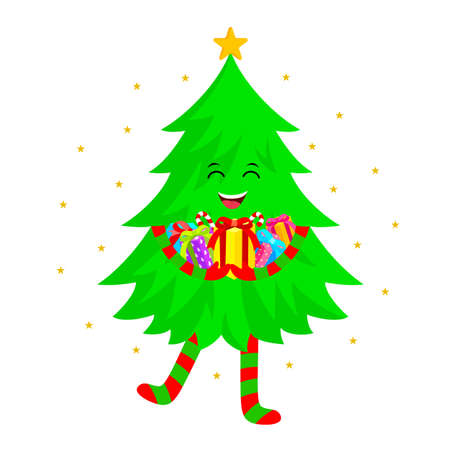 Cute Christmas tree cartoon characters design. Holding many gift. Merry Christmas and Happy New Year. Vector illustration isolated on white background.のイラスト素材