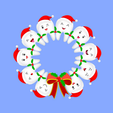 Cut cartoon tooth character design in circle shape. Christmas decoration. Merry Christmas and Happy New Year.  Illustration for banner, poster, greeting card and invitation.のイラスト素材