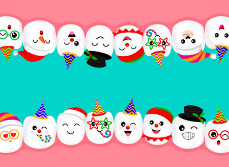 Set of New year celebration tooth characters. Emoticons facial expressions. Funny dental care concept. Illustration isolated on green background.のイラスト素材