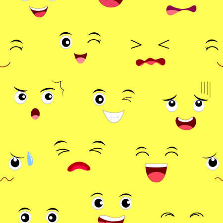 Funny face seamless pattern. Facial expression cartoon characters. Vector illustration isolated on yellow background.のイラスト素材