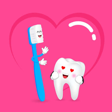 Cute cartoon toothbrush and tooth in love. Dental care concept. Happy valenntine's day. Illustration with background of heart.のイラスト素材