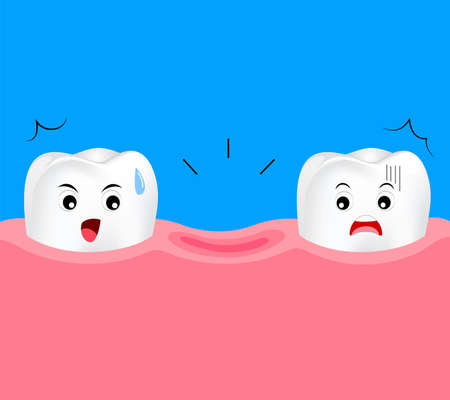 Dental cartoon of missing tooth. Cute cartoon dental care concept. Illustration isolated on blue background.のイラスト素材