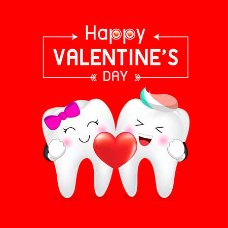 Cute cartoon tooth character, boy and girl holding heart. Happy Valentine's day.  Illustration isolated on red background.のイラスト素材