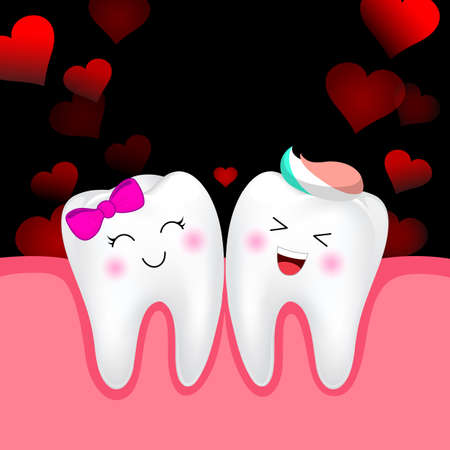 Cute cartoon tooth character, boy and girl in love. Happy Valentine's day.  Illustration isolated on...