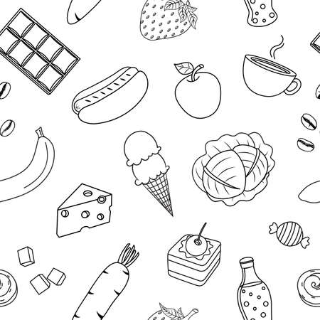Cute cartoon outline food. Seamless pattern. Hand draw style, vector illustration isolated on white background.のイラスト素材