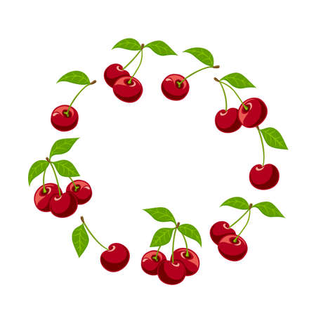 Cherry with leaves in circle shape. Fruit frame design. Vector illustration isolated on white background.のイラスト素材