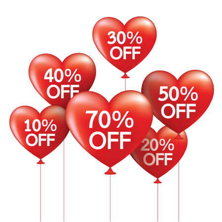 Sale discount off purchase balloons. Red heart shape balloon, Happy Valentine's day. Vector illustration isolated on white background.のイラスト素材