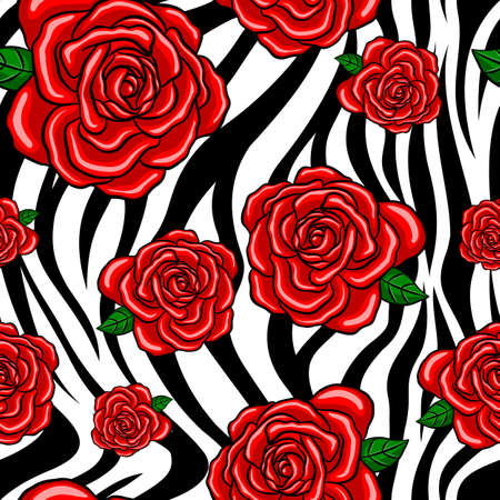Red roses seamless pattern with zebra striped black and white.  Vector illustration, Happy Valentine's day.のイラスト素材
