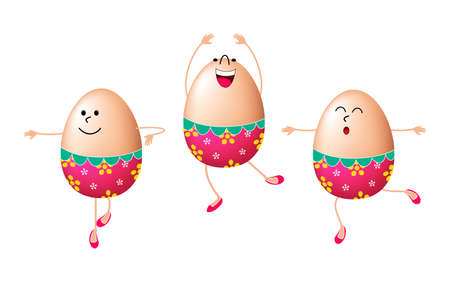 Cue tEaster eggs characters dancing. Happy Easter concept, illustration. Isolated on white background.のイラスト素材