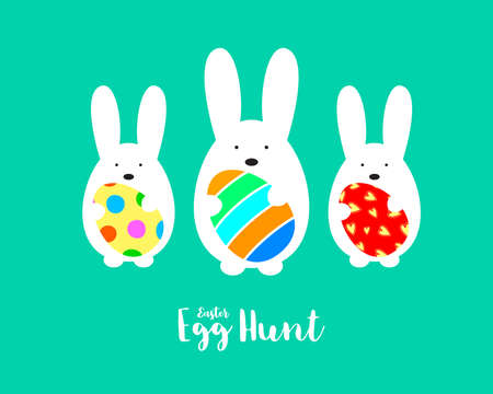 Cute bunny holding Easter eggs. Happy Easter day concept, vector illustration isolated on green background.のイラスト素材