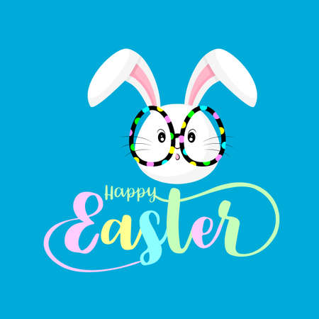 Happy Easter Hand lettering and typography with cute bunny. Illustration for your designs: t-shirts, bags, posters, invitations, cards, etc. Isolated on blue background.のイラスト素材
