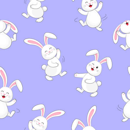 White rabbit dancing seamless pattern. Cute bunny,  Happy Easter day, cartoon character design. Illustration isolated on blue background.のイラスト素材
