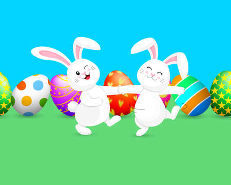 White rabbit dancing with background of Easter eggs. Cute bunny. Cartoon character design, vector illustration.のイラスト素材