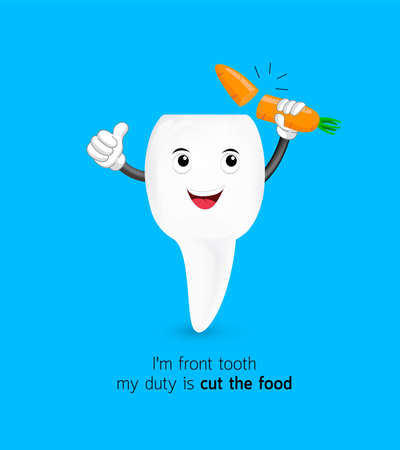 Cute cartoon front tooth cut carrot. Dental care concept. Illustration isolated on blue background.のイラスト素材