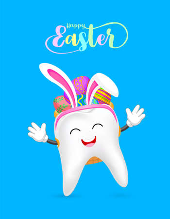 Cute cartoon tooth with backpack of Easter eggs. Eggs hunt, Happy Easter day. Cartoon character design. Illustration isolated on blue background.のイラスト素材