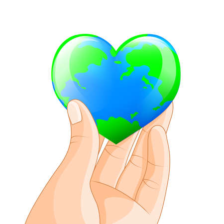 Human hand holding heart shape of planet Earth. Earth day concept illustration isolated on white background.のイラスト素材