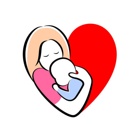 mother and baby stylized vector symbol in heart shape. Mom hugs her child icon design. Happy mother's day concept, illustration isolated on white background.のイラスト素材