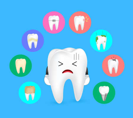 Cute cartoon tooth character with tooth problem set icons.  illustration isolated on blue background.のイラスト素材