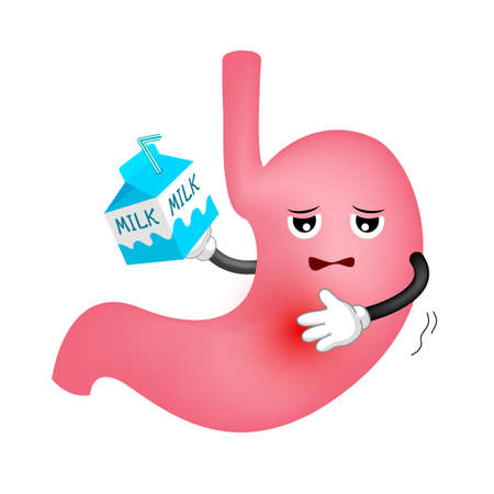 Stomach painful expression after drinking milk. Cartoon character, Health care concept. Illustration isolated on white background.のイラスト素材