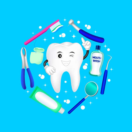 Dental instruments with cartoon tooth in circle shape. Dental care concept.  Illustration isolated on blue background. Great for greeting card, poster and bannerのイラスト素材