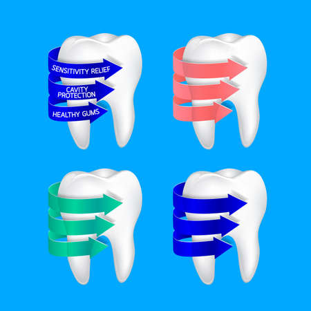Tooth with three spiral arrow. Tooth cleanliness, design element. Dental care concept, illustration isolated on blue background.のイラスト素材