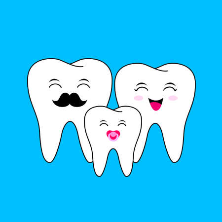 Cute cartoon tooth family, Dad, mom and child. Dentle care concept, illustration isolated on blue...