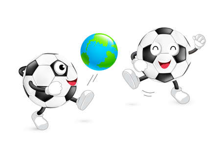 Cute cartoon soccer ball kick a globe ball. Mascot character, World cup concept. Illustration isolated on white background.のイラスト素材