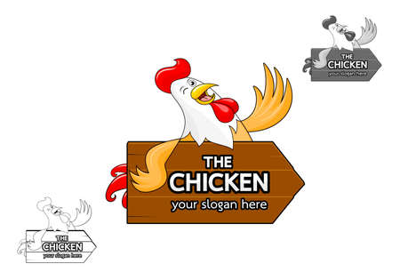 Happy rooster smiling with wooden sign. Cartoon chicken, icon design. Vector illustration isolated on white background.のイラスト素材