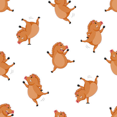 Cute wild  boar seamless pattern. Cartoon character design, vector illustration isolated on white background.のイラスト素材
