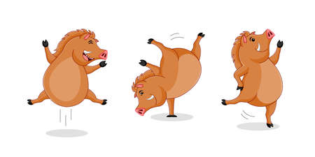 Set of happy boar dancing. Cartoon character design, vector illustration isolated on white background.のイラスト素材