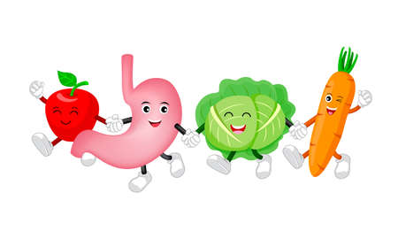 Happ healthy stomach character with cabbage, apple and carrot. Cute cartoon holding hands. Illustration isolated on white background. Digestive tract, Healthy food nutrition, stomach concept.のイラスト素材