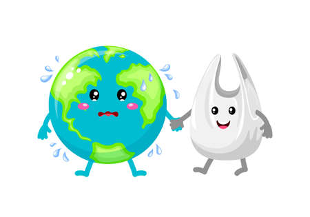 Cute cartoon globe character holding hands with plastic bag. Global warming concept. Illustration isolated on white background.のイラスト素材