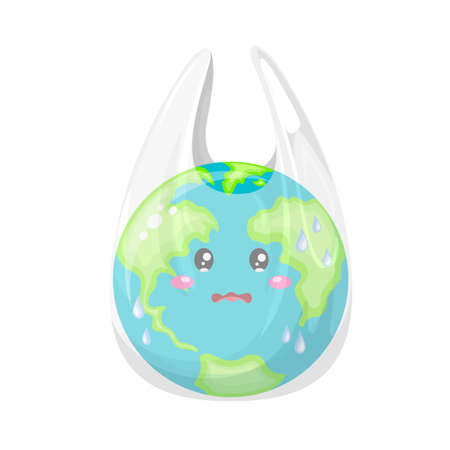 Cute cartoon globe character in plastic bag. World Environment Day concept. Illustration isolated on white background.のイラスト素材