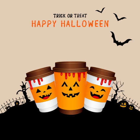 paper coffee cups cartoon character with Halloween concept. Happy Halloween day. Trick or treat. Illustration isolated on white background.のイラスト素材