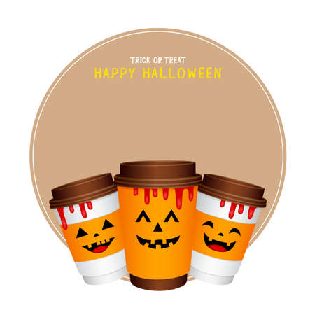 paper coffee cups cartoon character with Halloween concept. Happy Halloween day. Trick or treat. Illustration isolated on white background.のイラスト素材