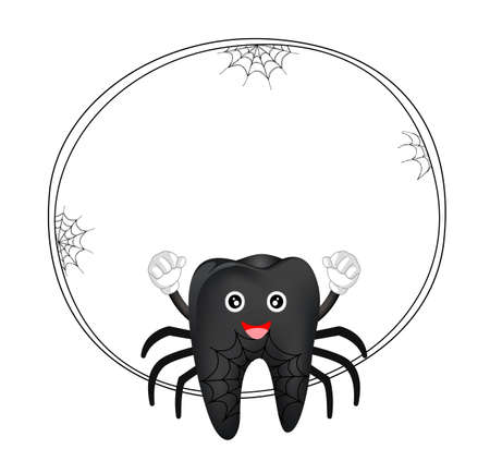 Cute cartoon tooth character. Black spider, happy Halloween concept with circle frame. Illustration isolated on white background.のイラスト素材